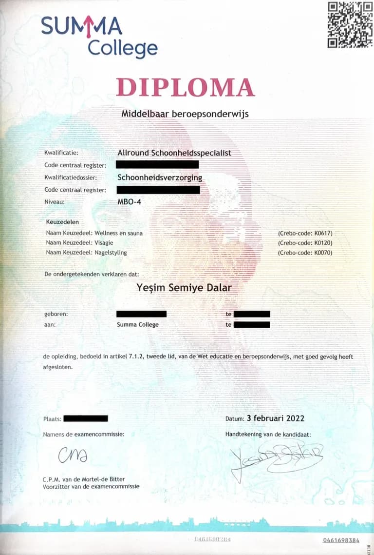 Allround Schoonheidsspecialist certificaat